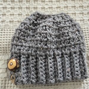 Gray Knitted Beanie with Button Accent